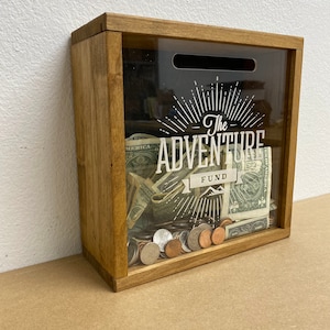 Shadow Box Savings Bank. Adventure Fund. Wooden Piggy Bank. Money Box. Vacation Fund. Travel Savings. Adult Bank. Table Decoration image 2