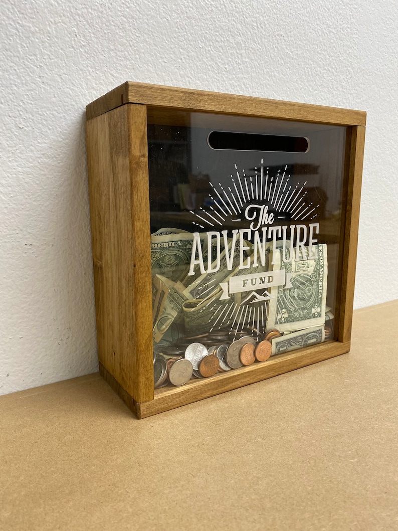 Shadow Box Savings Bank. Adventure Fund. Wooden Piggy Bank. Money Box. Vacation Fund. Travel Savings. Adult Bank. Table Decoration image 2