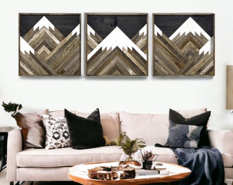 Rustic Mountain Tops Black Sky Set Of 3. Reclaimed Wood Wall Art. Wood Mountains. Mountain Wood Wall Art. Handmade Mountains.
