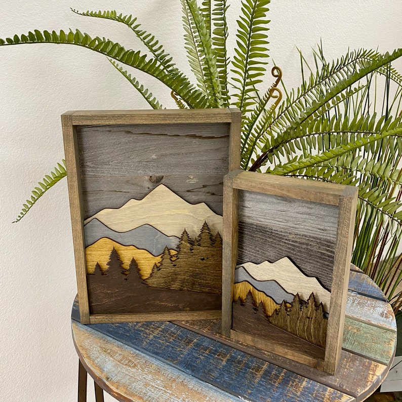 Layered Mountain Scene with Pine Trees. Laser Cut Art. Mountain Landscape. Reclaimed Wood Wall Art. 3D Wall Art. Mountain Home Decor. image 3