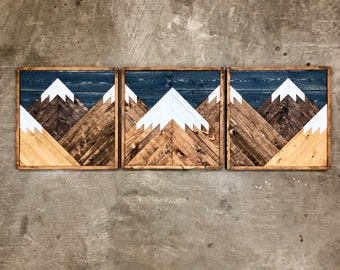 Stained Mountain Tops Set Of 3. Reclaimed Wood Wall Art. Wood Mountains. Mountain Wood Wall Art. Rustic Mountains.