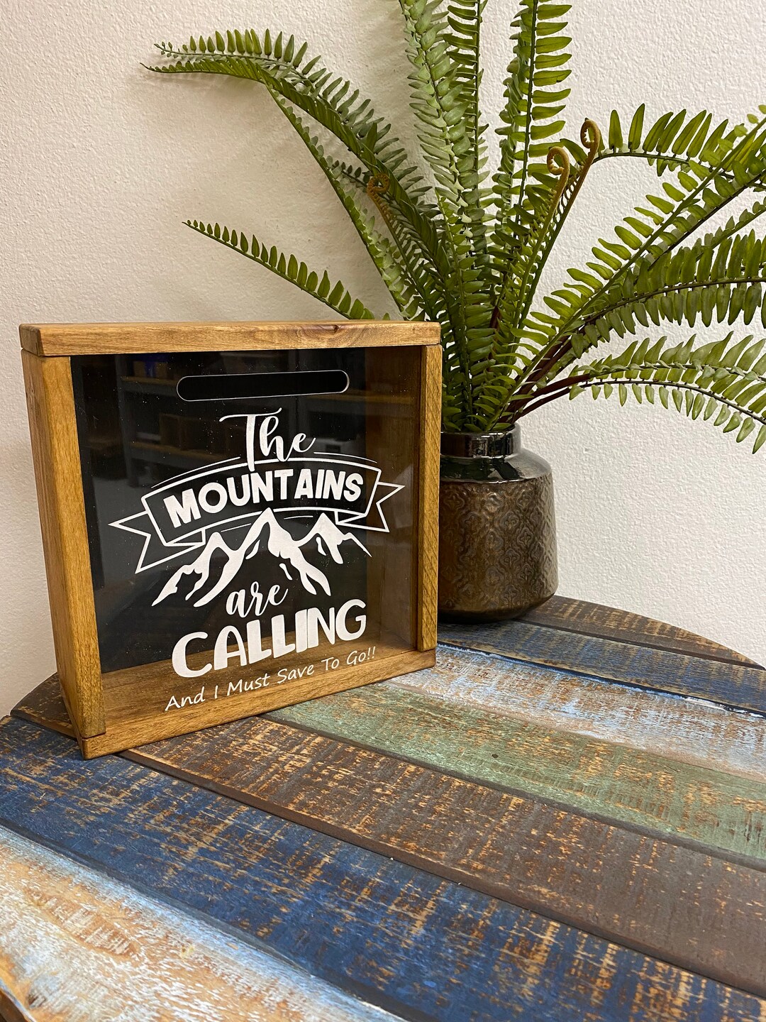 Shadow Box Savings Bank. Mountains Are Calling. Wooden Piggy Bank. Money Box. Vacation Fund