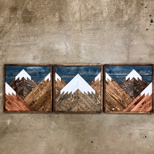 Dark Stained Mountain Tops Set Of 3. Reclaimed Wood Wall Art. Wood Mountains. Mountain Wood Wall Art. Rustic Mountains.