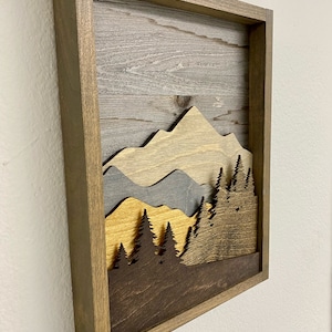 Layered Mountain Scene with Pine Trees. Laser Cut Art. Mountain Landscape. Reclaimed Wood Wall Art. 3D Wall Art. Mountain Home Decor. image 2