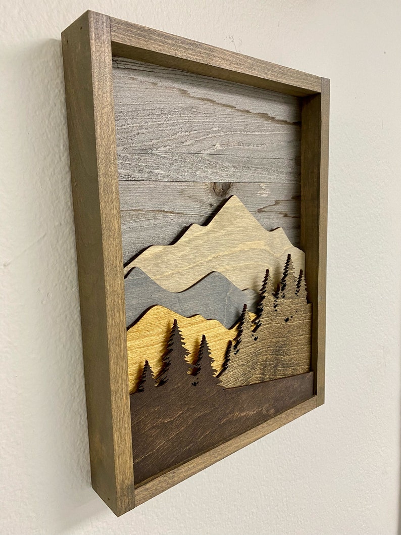 Layered Mountain Scene with Pine Trees. Laser Cut Art. Mountain Landscape. Reclaimed Wood Wall Art. 3D Wall Art. Mountain Home Decor. image 2