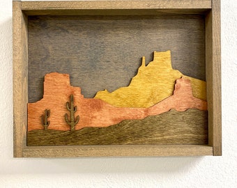 Layered Desert Scene with Cactus. Laser Cut Art. Desert Landscape.  Wood Wall Art. 3D Wall Art. Saguaro Home Decor.