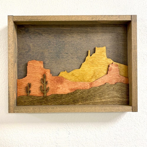 Desert Landscape Wood Art Layered Desert Wall Art Cactus Etsy