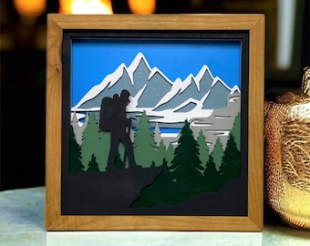 Layered Hiker Mountain Scene. Laser Cut Art. Mountain Landscape. Reclaimed Wood Wall Art. 3D Wall Art. Mountain Home Decor.