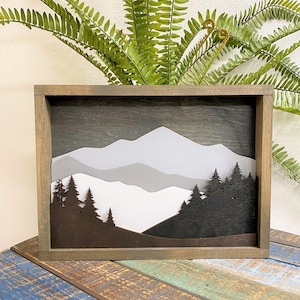 Winter Layered Mountain Scene. Grey Tones. Laser Cut Art. Mountain Landscape. Reclaimed Wood Wall Art. 3D Wall Art. Mountain Home Decor.