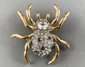 Vintage Rhinestone Spider Brooch Tarantula Pin.  Clear & Blue Rhinestone Insect