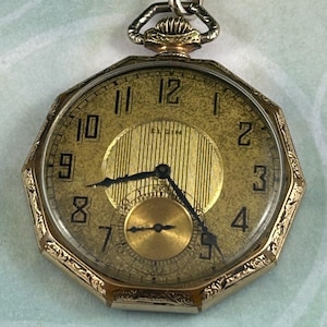 1925 Elgin 17 Jewel Pocket Watch 14K Gold-Filled Open Face Decagon Case w/ Chain – Art Deco Elegance!