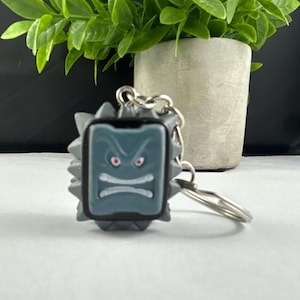 May include: A gray and black keychain featuring a cartoon character with a blue face, red eyes, and a white mouth. The keychain has a silver keyring attached. The background includes a small potted plant with green leaves.