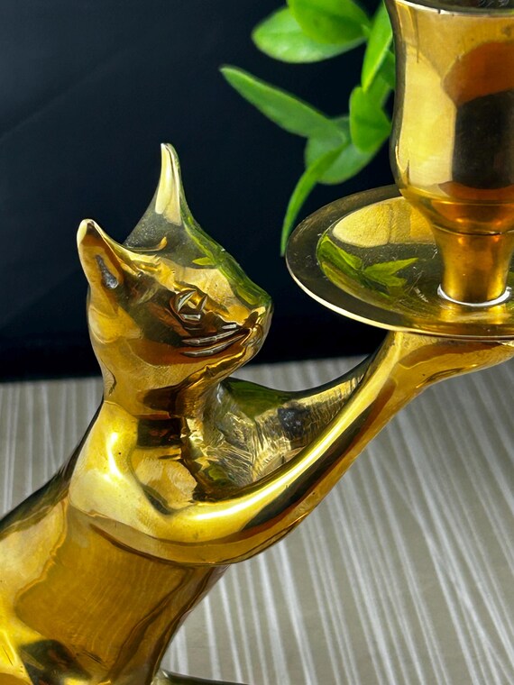 Vintage Solid Brass Cat Candlestick Holder – Cat With Teacup