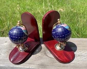 Vintage Gemstone Globe Bookends – Brass Meridian & Wooden Base – Semi-Precious Stone World Map – Office Decor – Nautical Style Gift