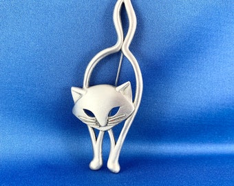Vintage Signed JJ Silver Tone Pewter Cat Brooch Pin