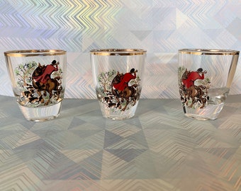 Vintage Hunting Scene Gold Rim Shot Liqueur Glasses - You Choose - Unique Barware - Vintage Glassware