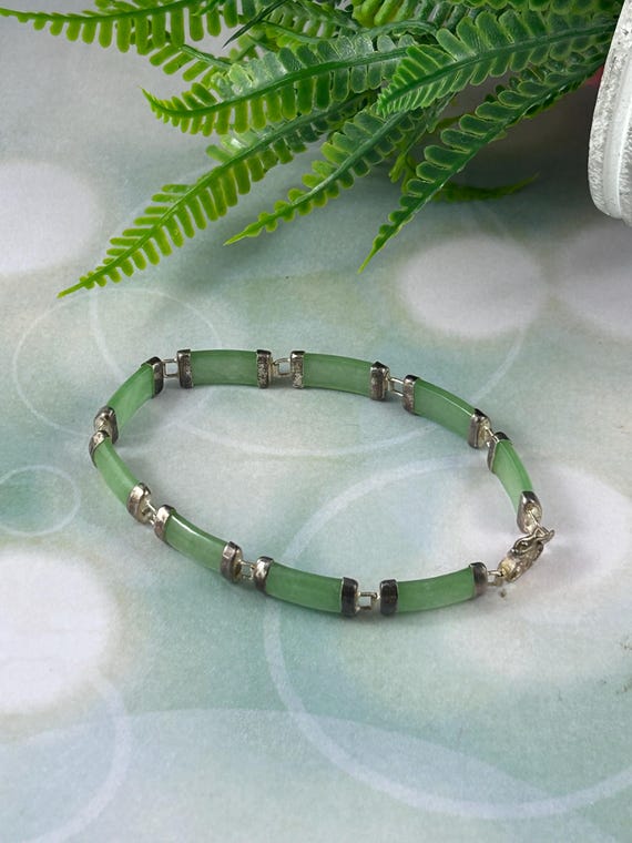 Stunning Vintage Sterling Silver Jade 925 Link Bracelet With