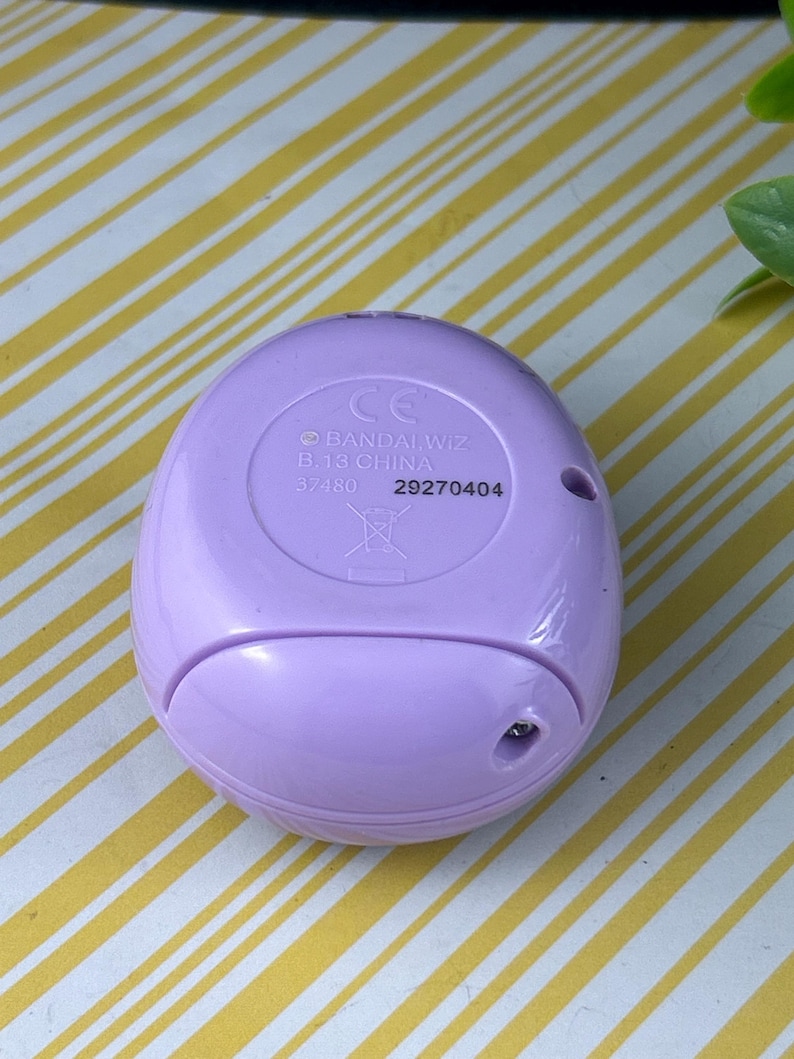 May include: A light purple, oval-shaped electronic device. The bottom of the device has the text "BANDAI WIZ B.13 CHINA" and the numbers "37480" and "29270404". The device has a small hole and a CE mark.
