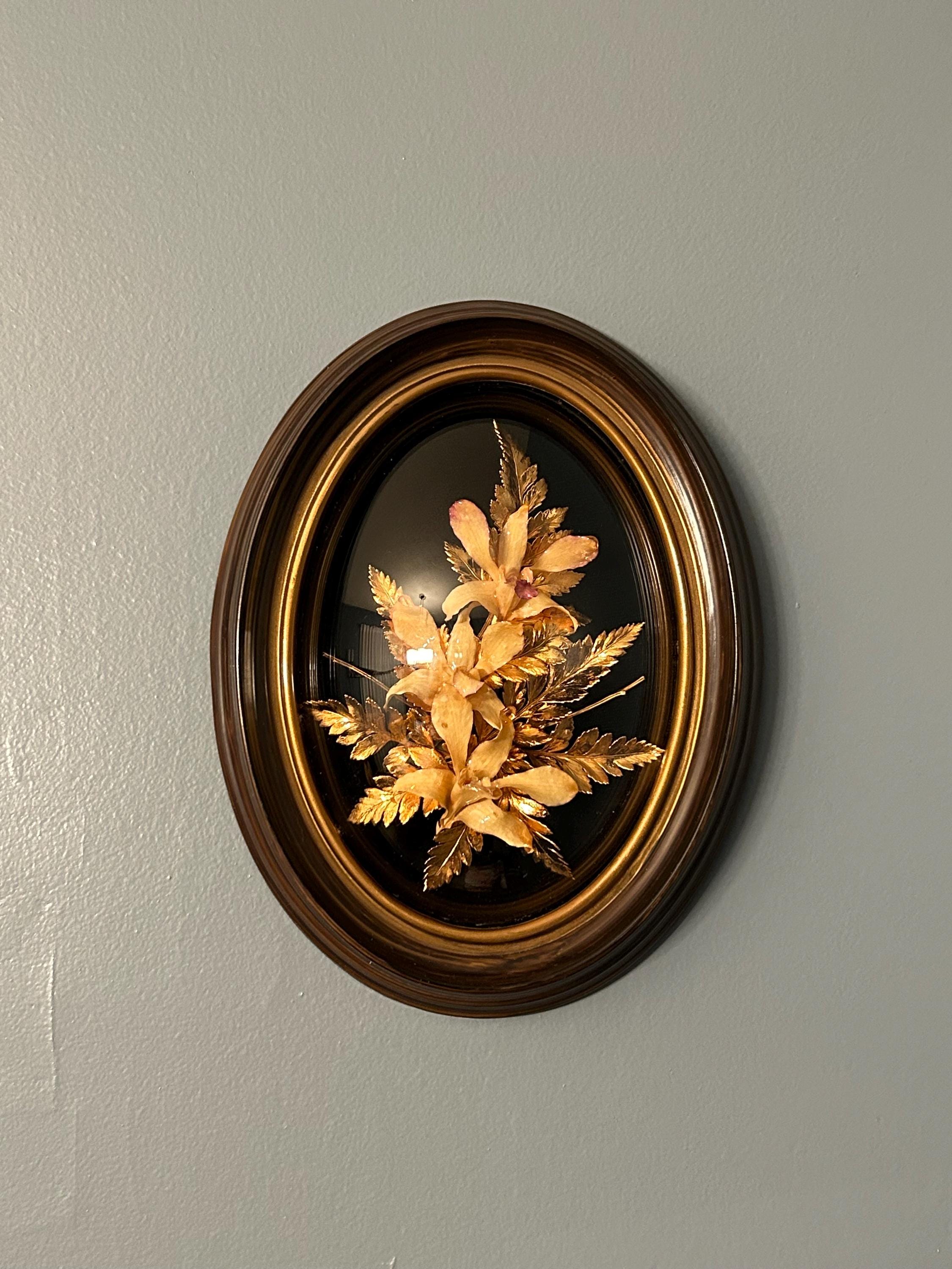 本物のハワイの花フレーム入り リーフ インテリア 壁掛け 24K GOLD Vintage 24K Gold Wall Hanging, Real Hawaiian Flowers & Leaves