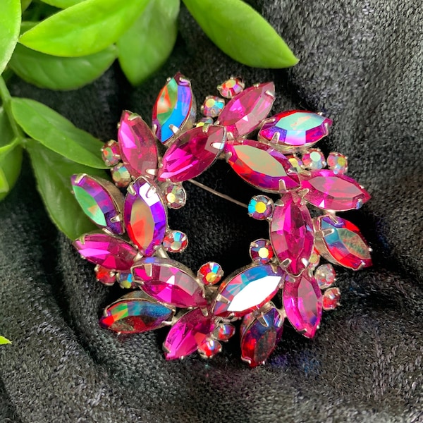 Rare Vintage Signed Sherman Fuchsia Pink Purple Clear Aurora 2 1/4" Large Brooch Swarovski Crystals Silver Backing Collectible Jewelry