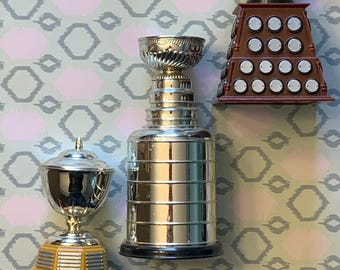May include: Three hockey trophies are displayed against a patterned background. The trophies are silver and gold, with varying base designs. The largest trophy is cylindrical, while the others have bowl-shaped tops.