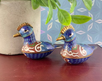 Vintage Pair of Lovely Chinese Cloisonné Enamel on Brass Duck Form Lidded Trinket Boxes