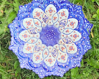 Unique Intricately Designed Enamel Hand painted Blue and White Minakari Meenakari Persian Art Wall Hanging Plate