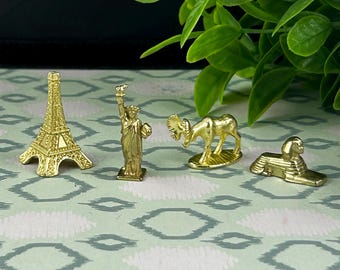 Monopoly Game Piece Tokens, Gold Tone, Eiffel Tower, Statue of Liberty, Moose, Sphinx