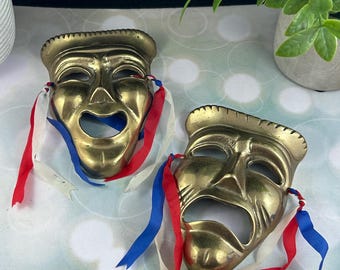 Vintage Pair of Solid Brass Theater Masks – Tragedy & Comedy Wall Art