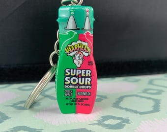 Warheads Super Sour Double Drops Mini Brands Keychain - Tiny Candy Bottle Keychain - Mini Food Keychain - Miniature Warheads Keychain
