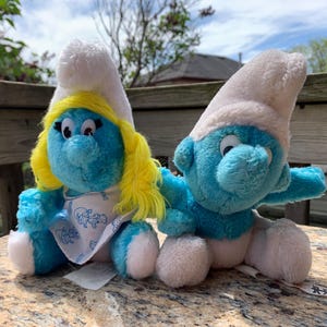 1980s Smurf & 1981 Smurfette Plush Dolls – Peyo Wallace Berrie Ganz Bros – Vintage Smurfs Plush Set – Classic 80s Cartoon Toys