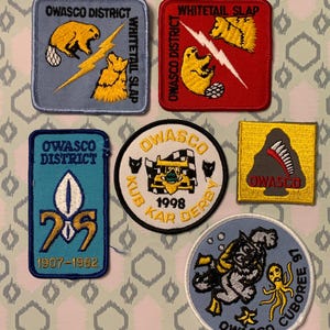Può includere: Una collezione di toppe ricamate con vari disegni e testo. Le toppe presentano immagini di castori, fulmini, uno squalo e testo come "OWASCO DISTRICT", "WHITETAIL SLAP" e "CUBOREE 97". Le toppe sono di varie forme e colori.