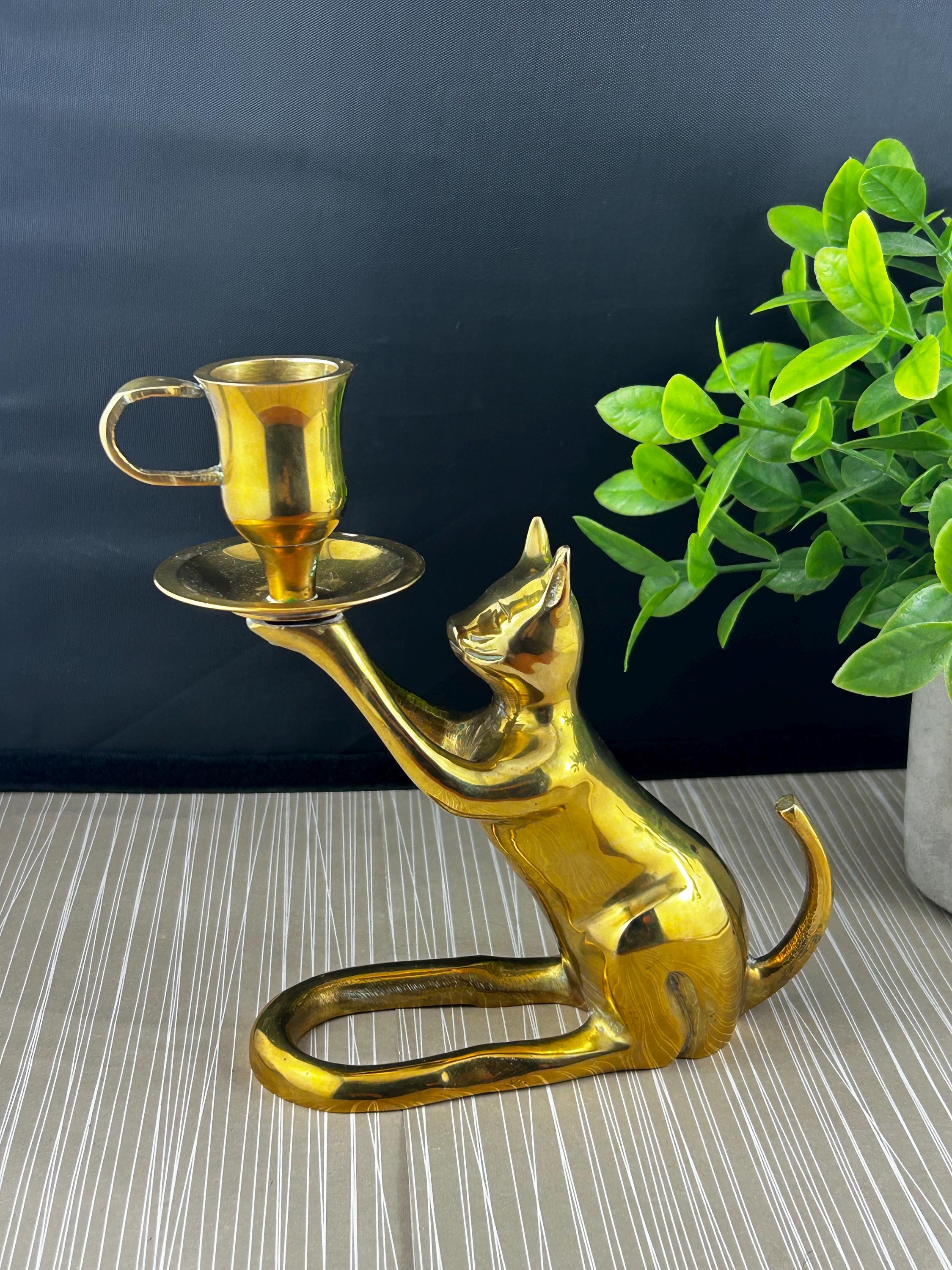Vintage Solid Brass Cat Candlestick Holder – Cat With Teacup