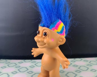 Blue Mohawk with Rainbow Accents Punk Rocker Troll by Russ – Vintage Russ Troll Doll