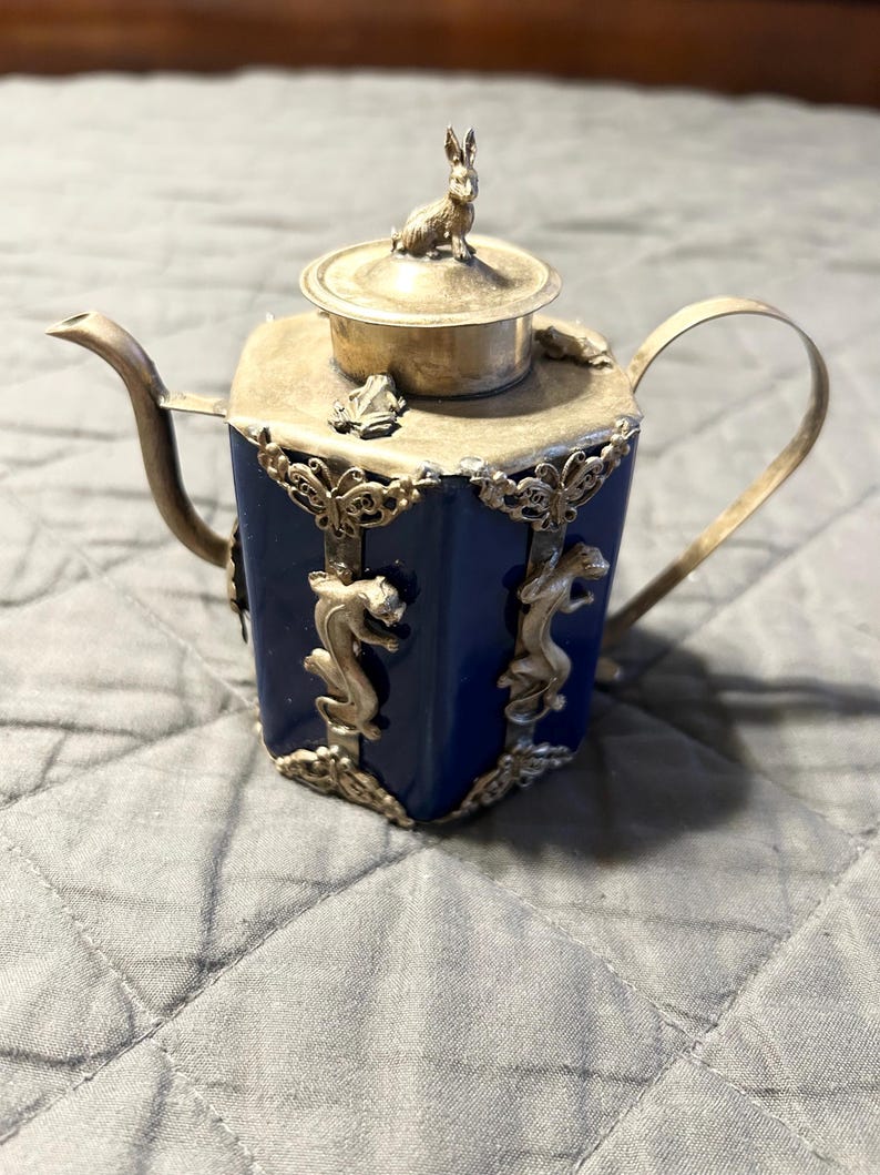 Vintage Chinese Silver Blue Enamel Ceramic Rabbit Tiger Frog Tea Pot ...