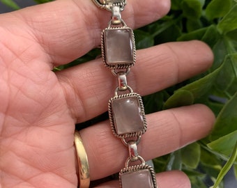 Vintage Rose Quartz 925 India Sterling Silver Bracelet