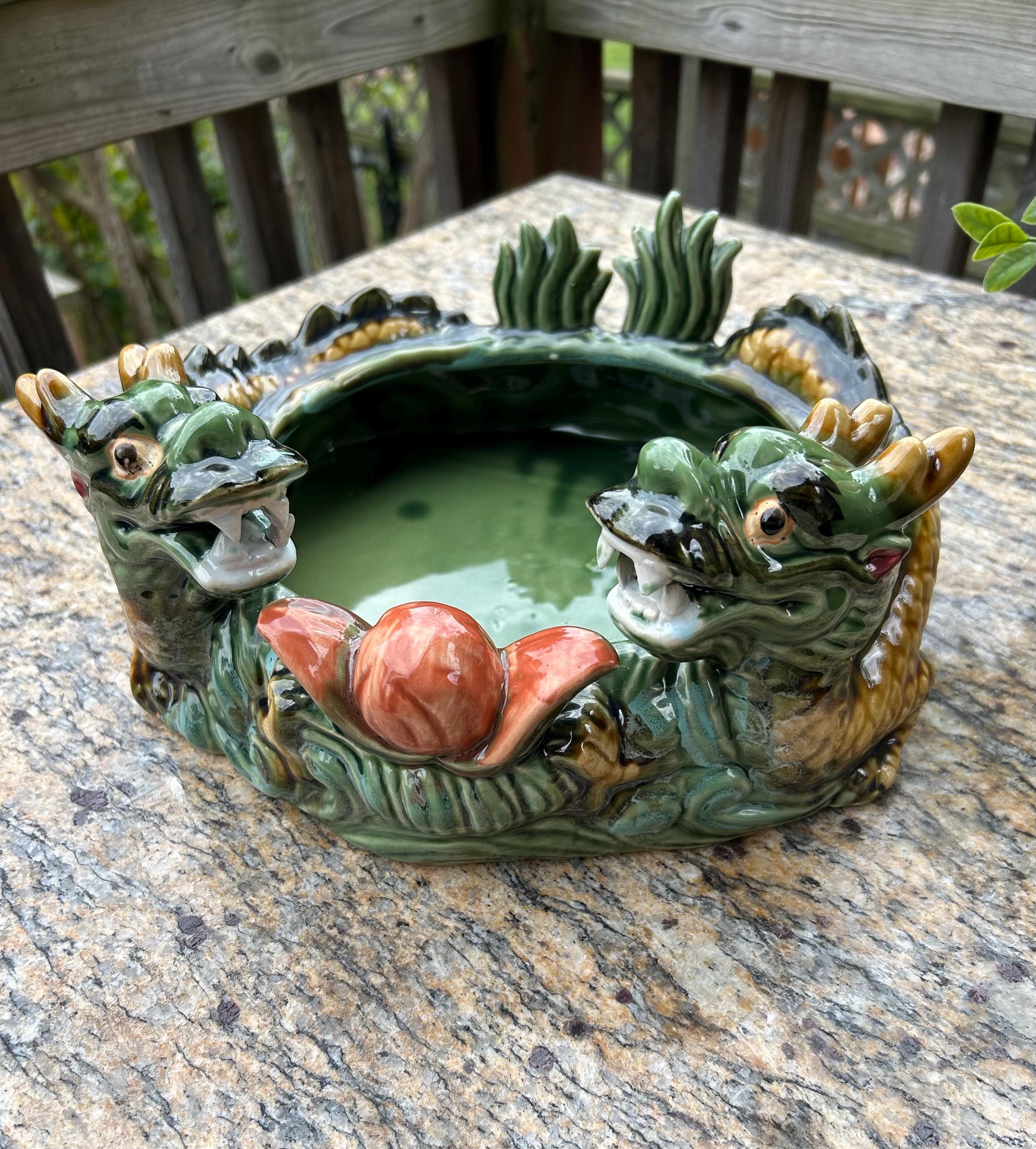 Vintage Chinese Twin Dragon Lucky Bamboo Planter, Majolica Style