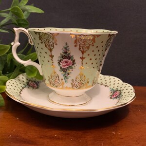 Royal Albert Pierrette Series Tea Cup and Saucer Light Green With Gold Accents and Pink Flowers - Vintage 1960s-1970s