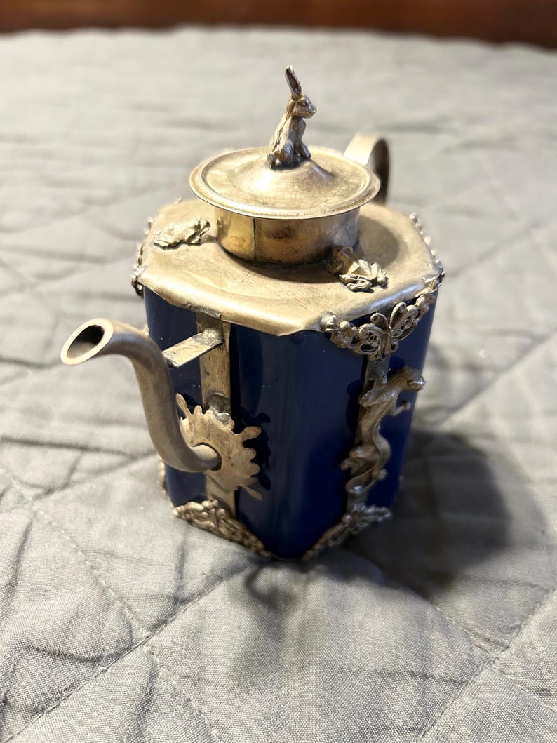Vintage Chinese Silver Blue Enamel Ceramic Rabbit Tiger Frog Tea Pot ...