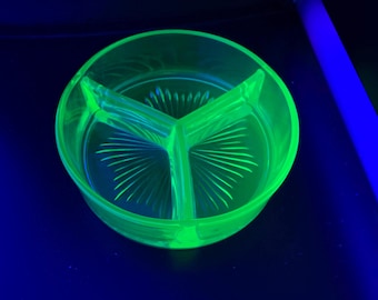 Uranium Glass UV Depression Green Divided Candy Nut Relish Dish w/ Metal Carrier
