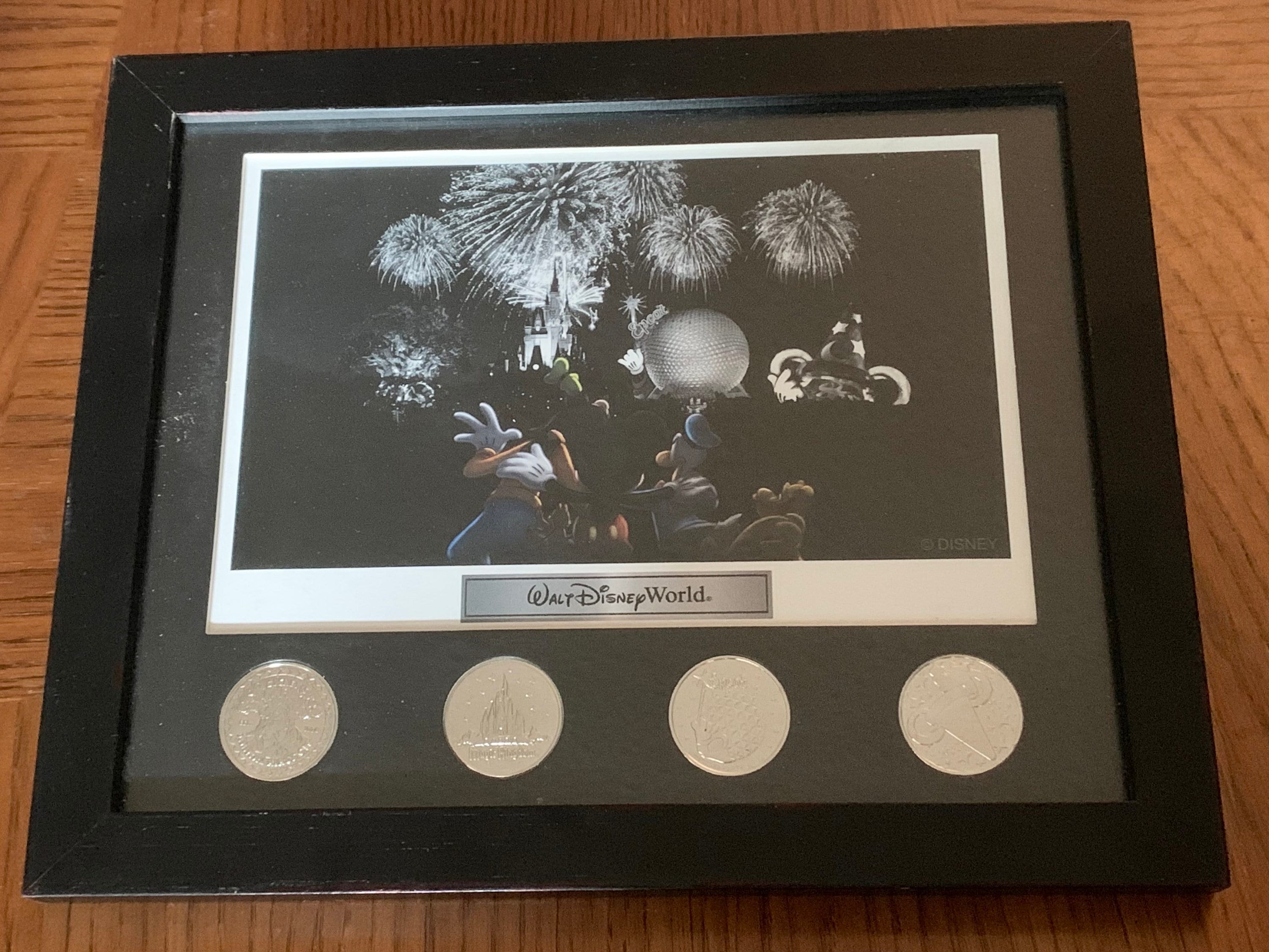 Walt Disney World Framed Four Park Coin Set Lithograph 9 Inch X 11 