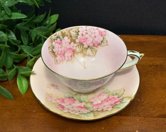 Vintage Paragon Teacup & Saucer Pink with Dark Pink Hydrangea.