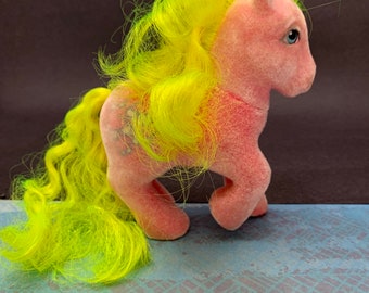 Vintage So Soft MLP - SHADY Flocked Pink with Neon Yellow Hair and Sunglass Cutie Mark
