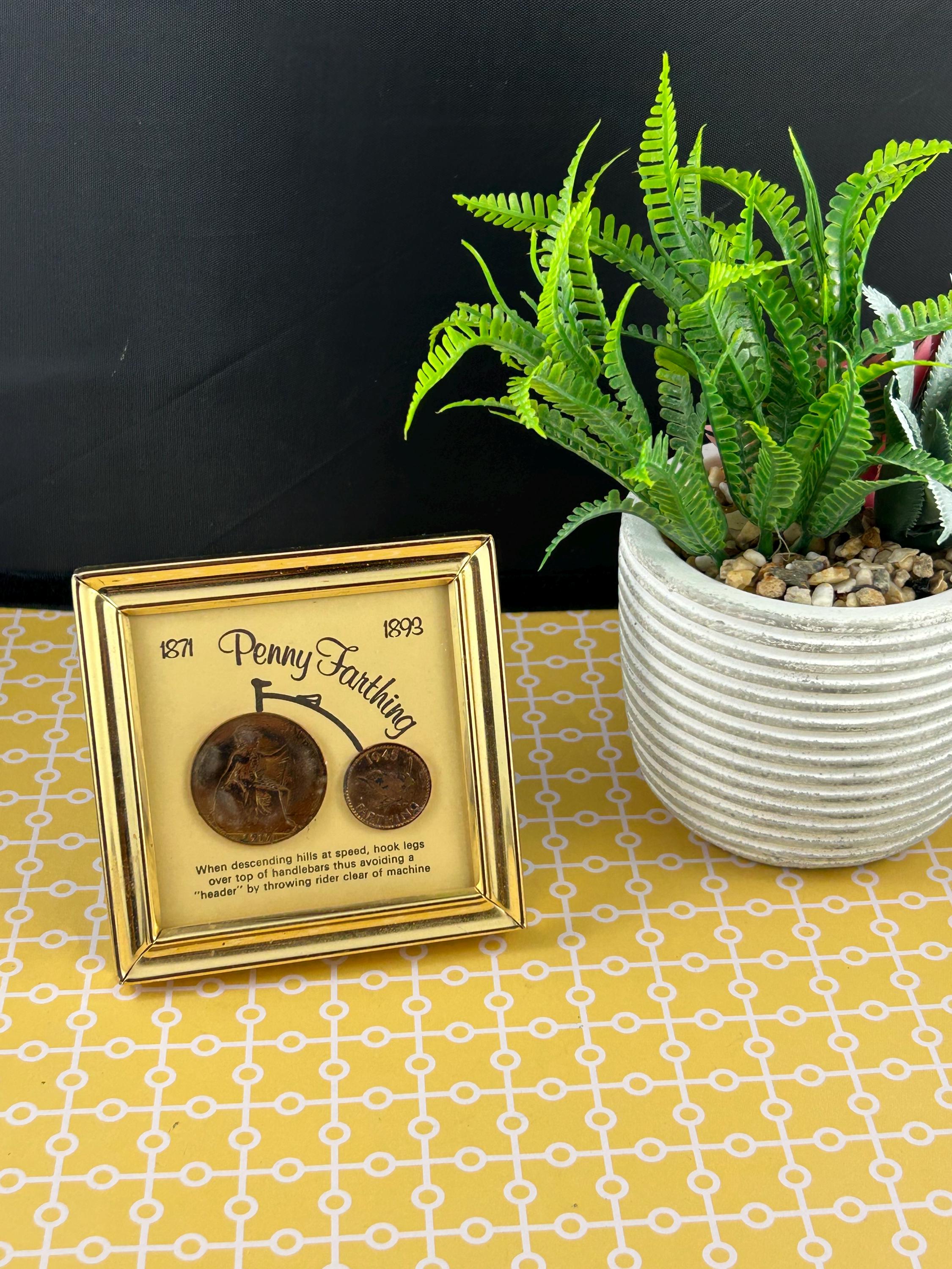 Vintage Novelty PENNY FARTHING 1871 - 1893 Coin ART Bicgcle in Gold Tone Metal Frame 3 3/4"
