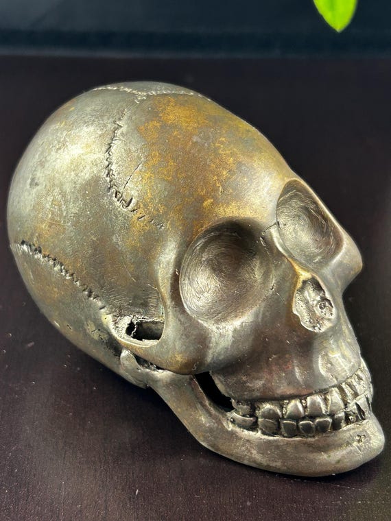 Vintage Bronze Brass Mini Human Skull Statue – Gothic Table