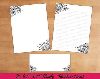 beautiful paper for writing Minimalist Floral Stationery Set - 25 8.5" x 11" Sheets | Envelope Option | Blank or Lined Paper for Letter Writing and Notes