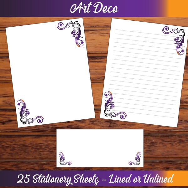 fancy letter writing paper Art Deco Stationery Set | 25 8.5" x 11" Sheets | Envelope Option | Blank or Lined Paper for Letter Writing