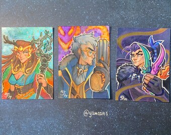 Critical Role Sketchcard Trio – Vax&#39;ildan, Keyleth & Percy | Handmade Fan Art with Gold Accents
