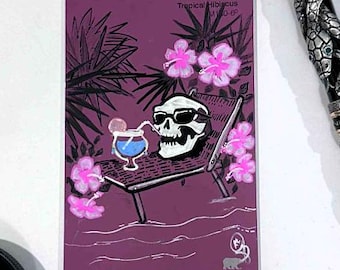 Hand-Painted Skull Art on Paint Chip – Memento Mori Watermelon Slice Mini Painting