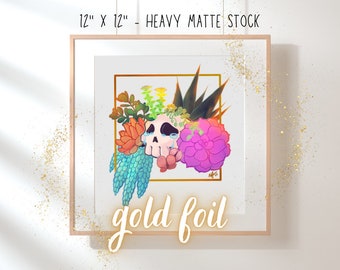 Skull Succulent Gold Foil Art Print, Nature Memento Mori (12x12)